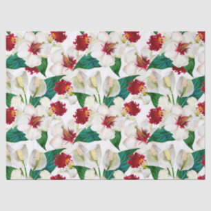 Papel De Seda Flores Tropicales Veraniegas en Acuarela Roja y Bl