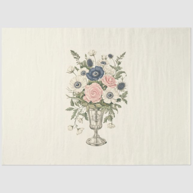 Papel De Seda Flores verdes de marfil rosado de malva azul (Anverso)