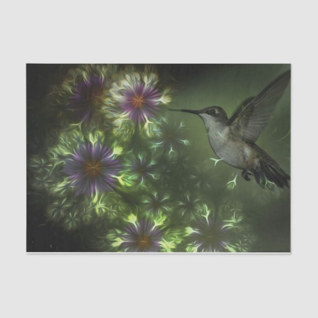 Papel De Seda Flores violetas fractales y colibríes (Anverso)