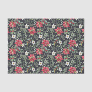 Papel De Seda Flores y bayas de poinsettia rojas de Navidad
