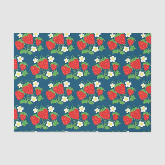 Papel De Seda Flores y fresas patrón azul (Anverso)