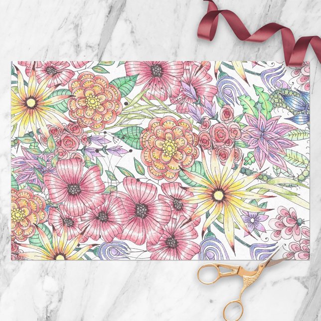 Papel De Seda Flores y hojas amarillas del Naranja rojo dibujado (Subido por el creador)