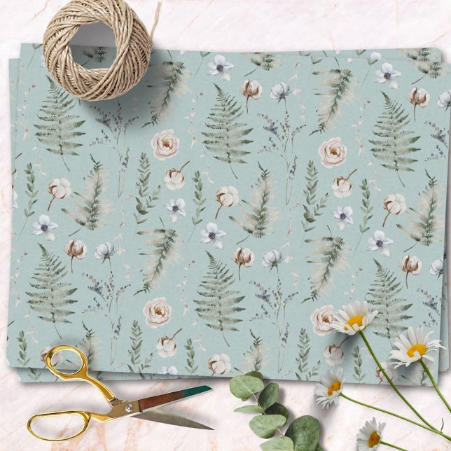 Papel De Seda Flores y Hojas de Helecho Bosque Floral Botánico (In situ)