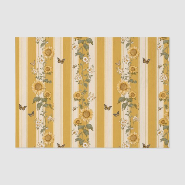 Papel De Seda Flores y mariposas en franjas amarillas (2) (Anverso)