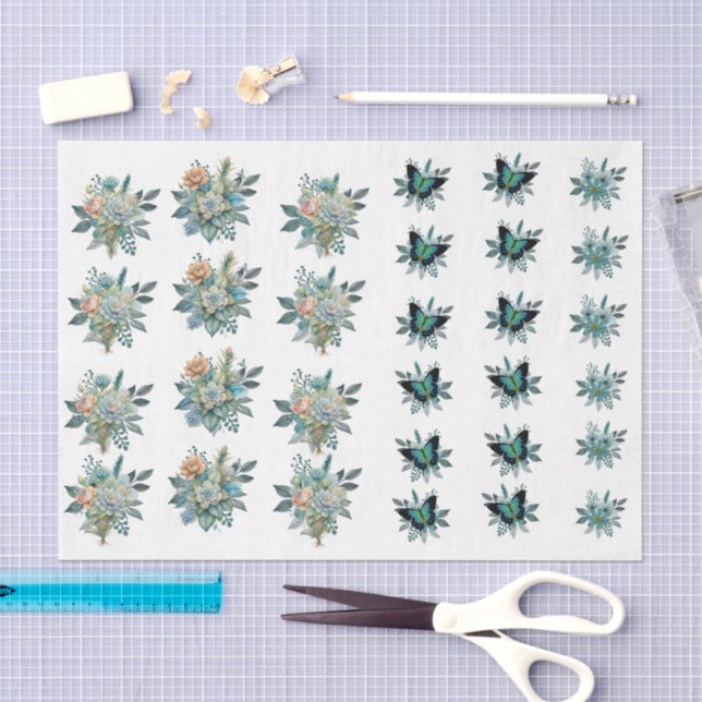 Papel De Seda Flores y mariposas pastel turquesa y rosa (Artesanía)