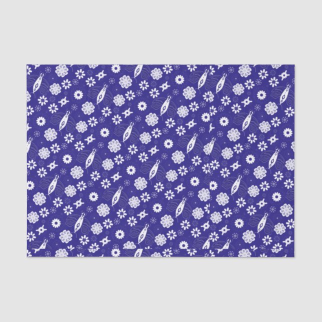 Papel De Seda Flores y mariposas patrón azul y blanco (Anverso)