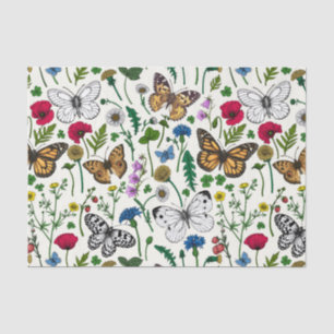 Papel De Seda Flores y mariposas silvestres en blanco