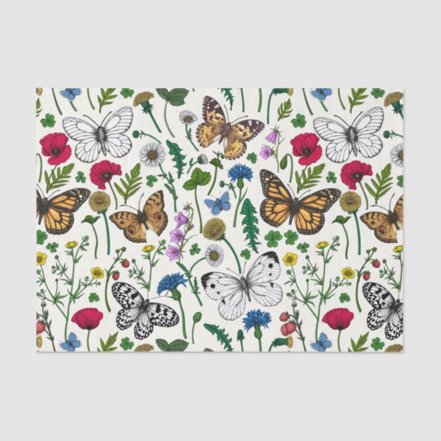 Papel De Seda Flores y mariposas silvestres en blanco (Anverso)