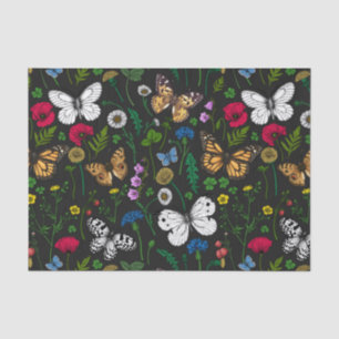 Papel De Seda Flores y mariposas silvestres en negro