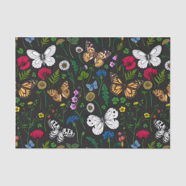 Papel De Seda Flores y mariposas silvestres en negro (Anverso)