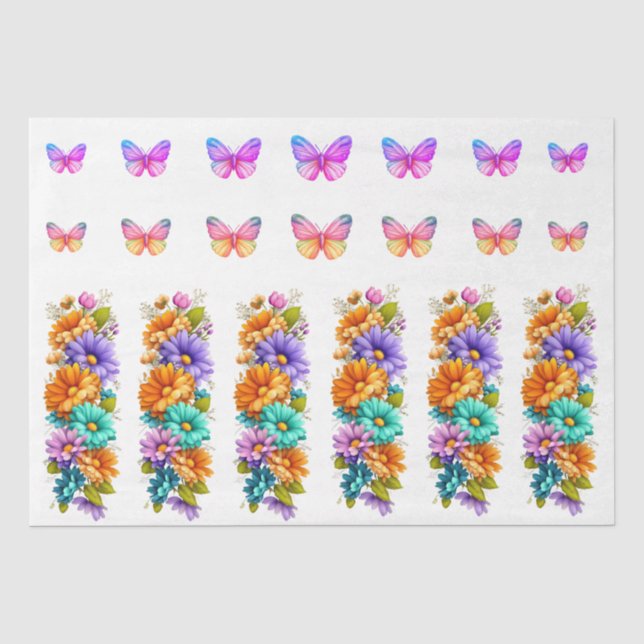 Papel De Seda Flores y Mariposas Vibrantes de Primavera Decoupag (Anverso)