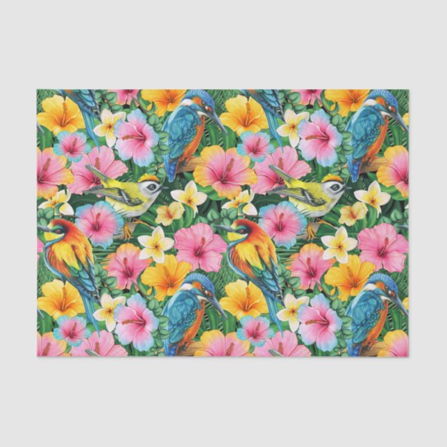Papel De Seda Flores y pájaros tropicales vibrantes (Anverso)