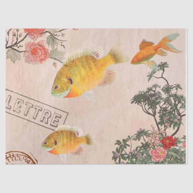 Papel De Seda Flores y peces modernos rosados (Anverso)