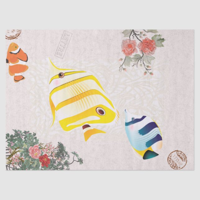 Papel De Seda Flores y pescados modernos y rosados (Anverso)