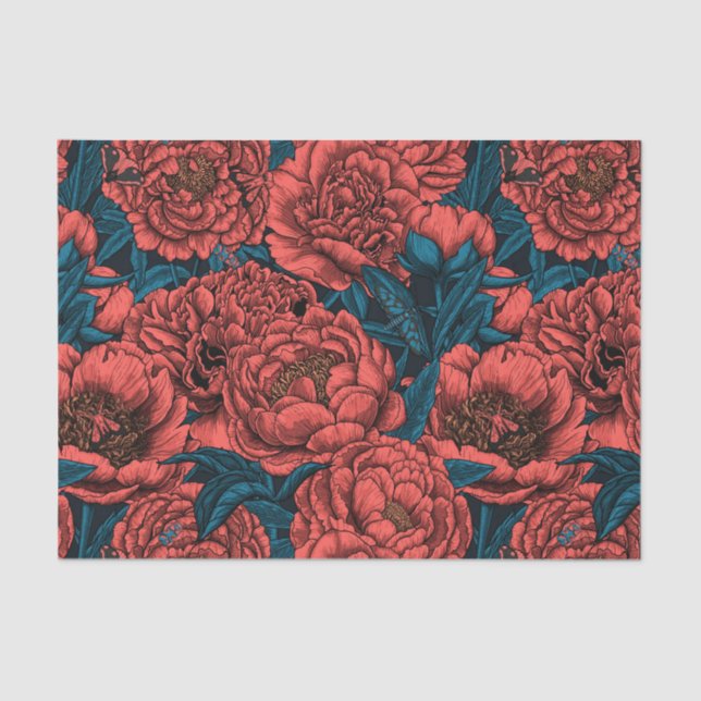 Papel De Seda Flores y polillas de peonía roja (Anverso)