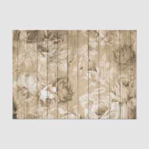 Papel De Seda Flores y rosas en tonos sepia sobre madera