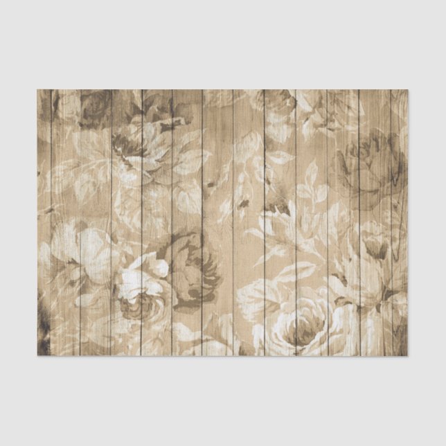 Papel De Seda Flores y rosas en tonos sepia sobre madera (Anverso)