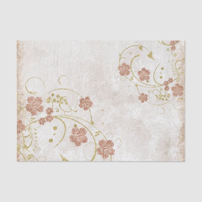 Papel De Seda Flores y volutas victorianas rústicas rojas dorada (Anverso)