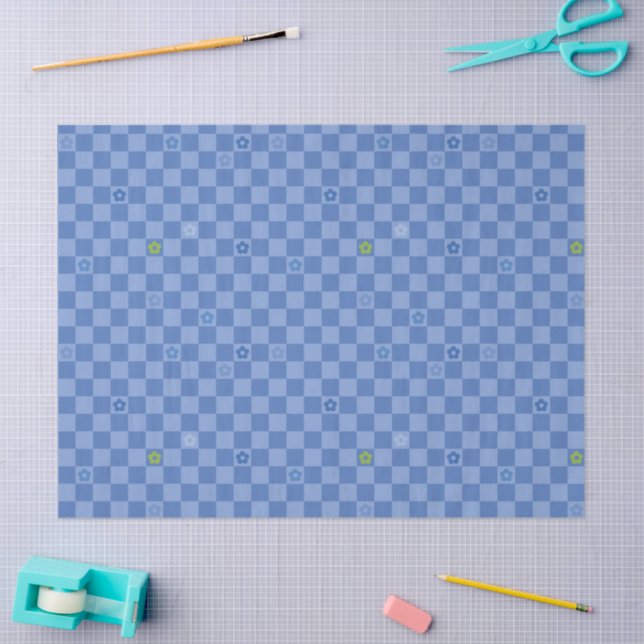 Papel De Seda Flower Checkered Pattern No. 01 - Light Blue (Artesanía)