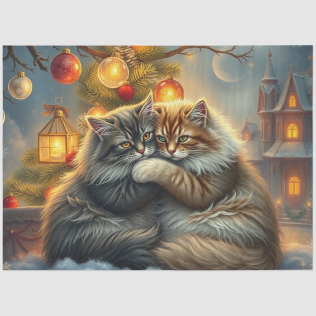Papel De Seda Fluffy Christmas Cats Cuddling Tissue Paper (Anverso)