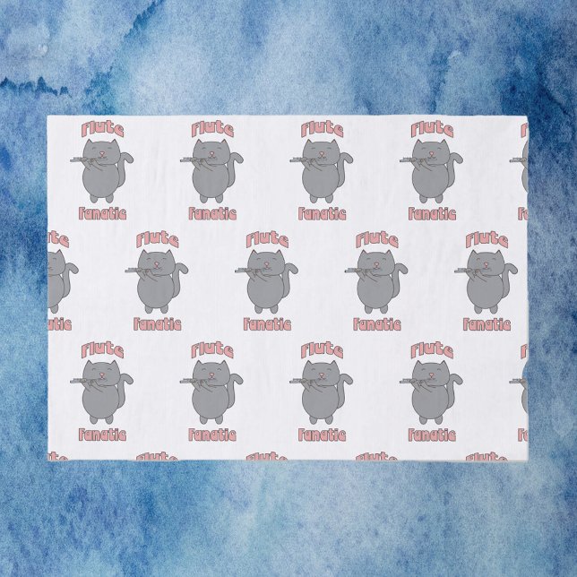 Papel De Seda Flute Fanatic Gray Cat Pink Funny (Tissue paper with a gray flute playing cat and the words flute fanatic in pink.)