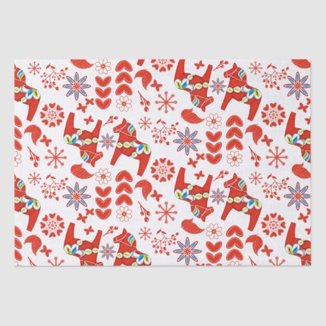 Papel De Seda Folk Art Dala Patrón floral sueco del caballo rojo (Anverso)