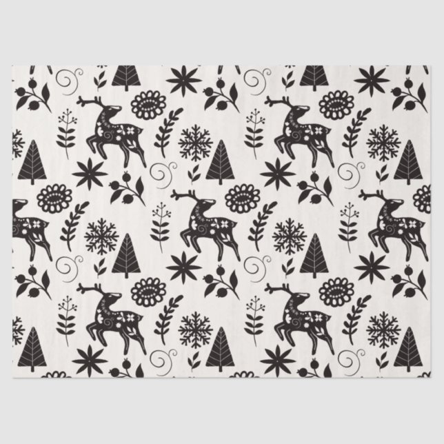 Papel De Seda Folk Art Deer Forest Pattern Black And White Gift  (Anverso)