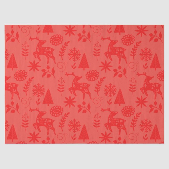 Papel De Seda Folk Art Deer Forest Pattern Red Gift  (Anverso)