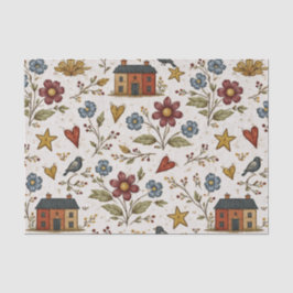 Papel De Seda Folk Cottage Hearts Garden Pattern