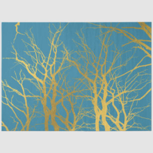 Papel De Seda Fondo azul del patrón de ramas de árbol de oro