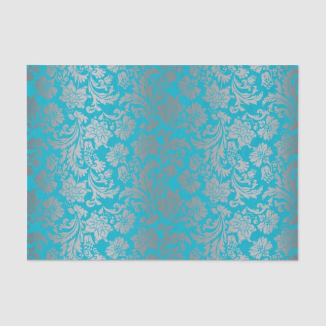 Papel De Seda Fondo azul Faux Silver Floral Damask (Anverso)