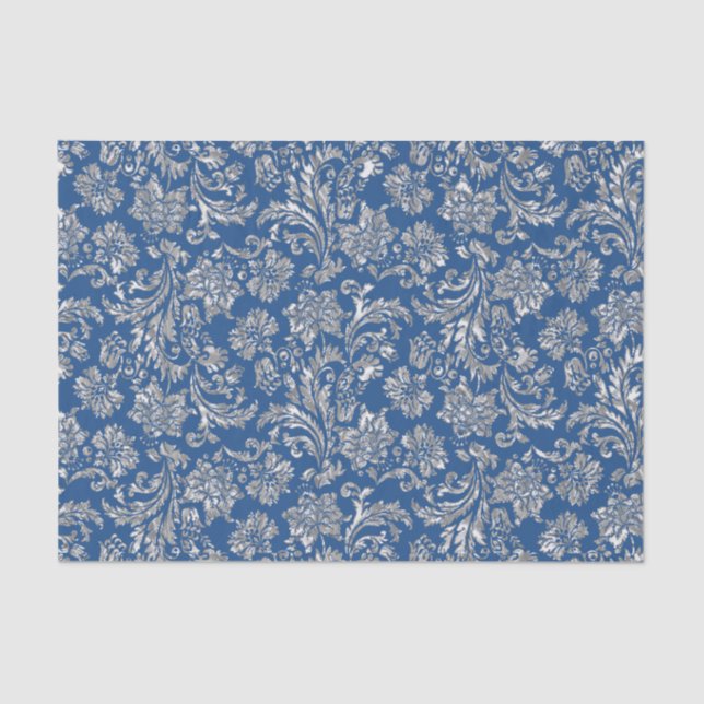 Papel De Seda Fondo azul Faux Silver Floral Damask (Anverso)