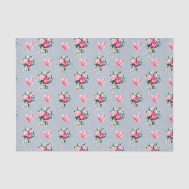 Papel De Seda Fondo azul, flores rosadas y corazones (Anverso)