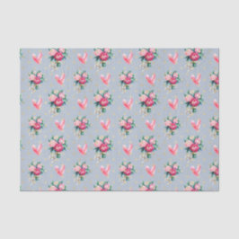 Papel De Seda Fondo azul, flores y corazones rosas