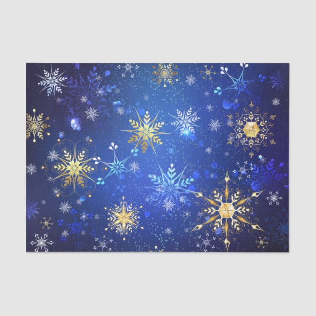 Papel De Seda Fondo azul XMAS con copos de nieve dorados (Anverso)