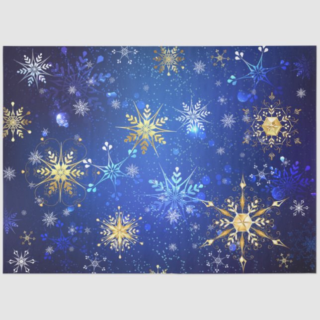 Papel De Seda Fondo azul XMAS con copos de nieve dorados (Anverso)