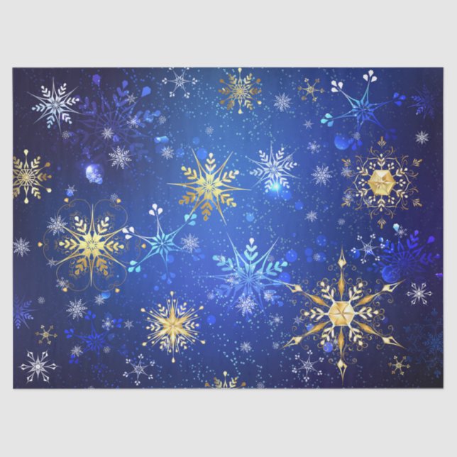 Papel De Seda Fondo azul XMAS con copos de nieve dorados (Anverso)