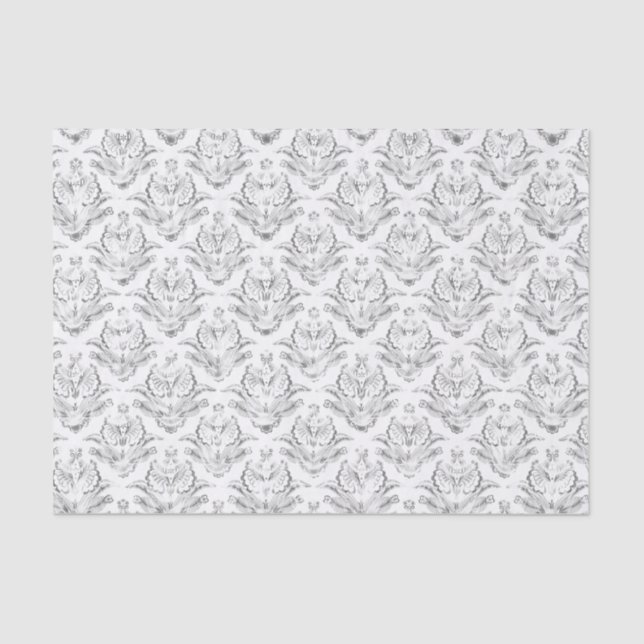 Papel De Seda Fondo blanco de damascos florales falsos de plata (Anverso)