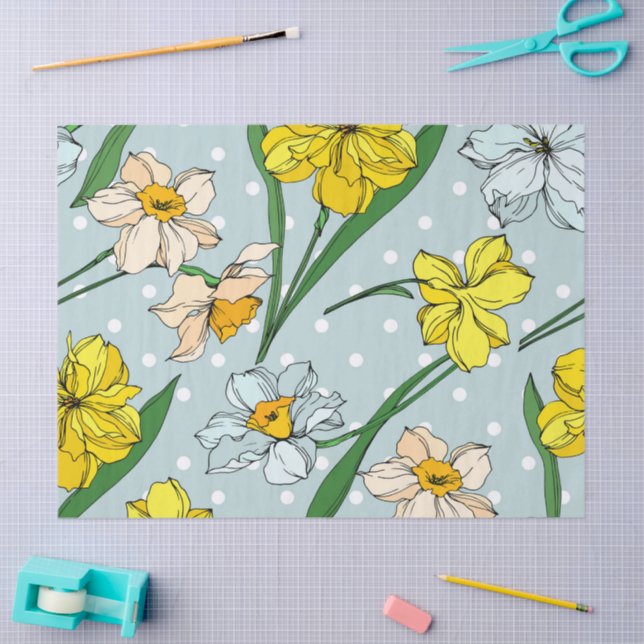 Papel De Seda Fondo floral retro amarillo azul Desnudo (Artesanía)