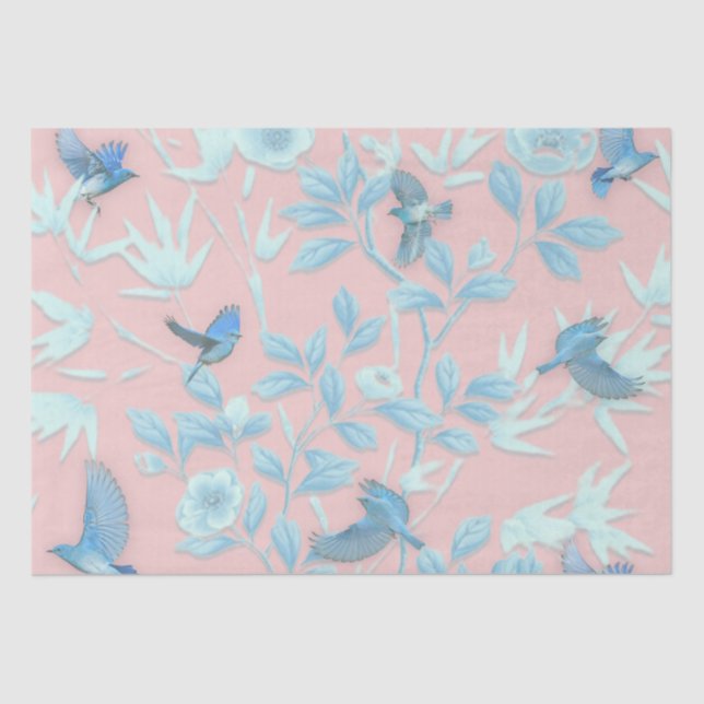 Papel De Seda Fondo rosa con aves y flores (Anverso)