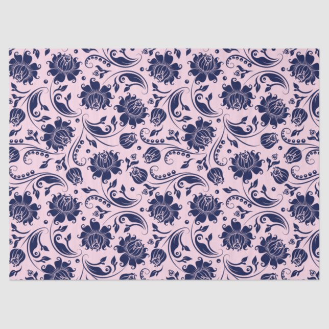 Papel De Seda Fondo rosa de las damasquinadas florales azules de (Anverso)