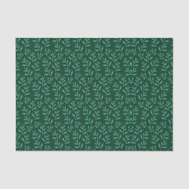 Papel De Seda Fondo verde oscuro con hojas botánicas teal (Anverso)