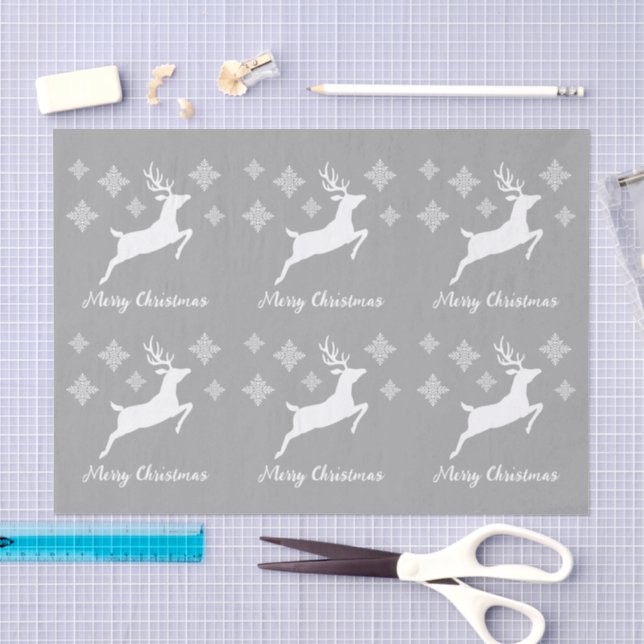 Papel De Seda Formas de ciervo blanco sobre gris con copos de ni (Artesanía)
