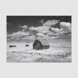 Papel De Seda Foto en blanco y negro de graneros en un campo de 
