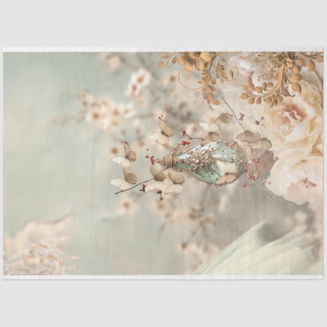 Papel De Seda Frasco de Perfume de época, mariposas y flores (Anverso)