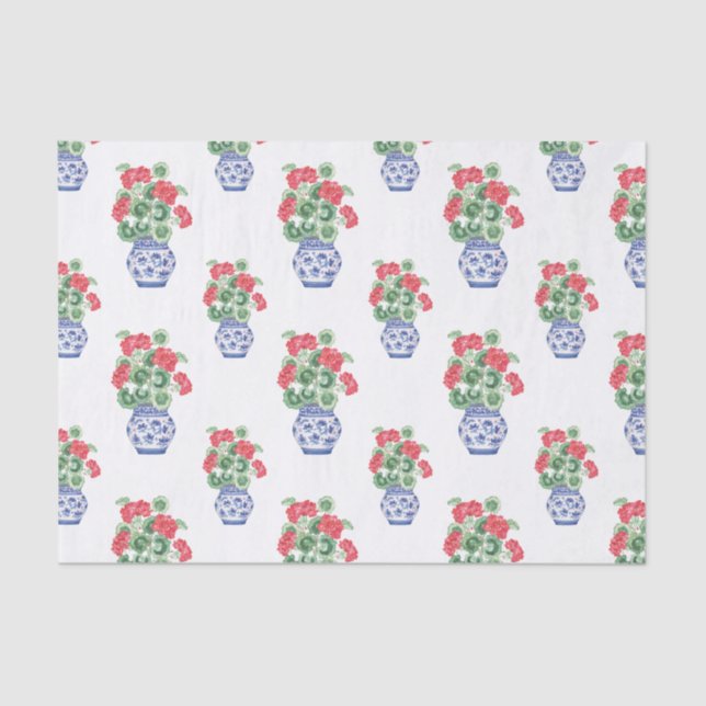 Papel De Seda Frascos de Chinoiserie de Geranios Rojos (Anverso)