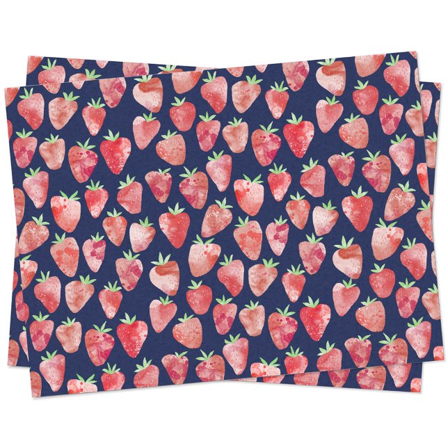 Papel De Seda Fresa acuarela Marina Azul (Watercolor strawberry pattern on a dark navy blue background on tissue paper)