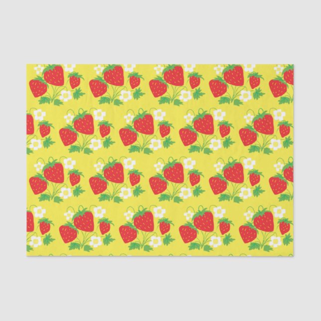 Papel De Seda Fresa y flores patrón amarillo (Anverso)