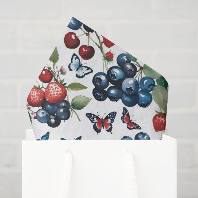 Papel De Seda Fresas con arándanos y mariposas (Bolsa de regalo)