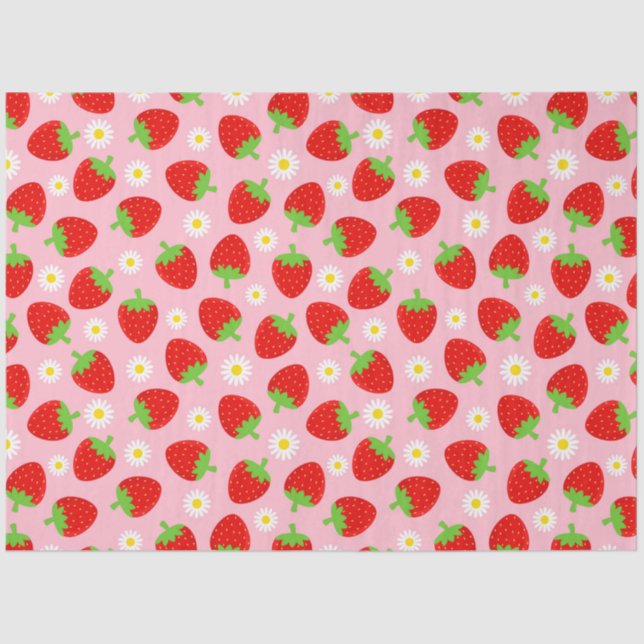 Papel De Seda Fresas de verano y flores blancas en rosa (Anverso)